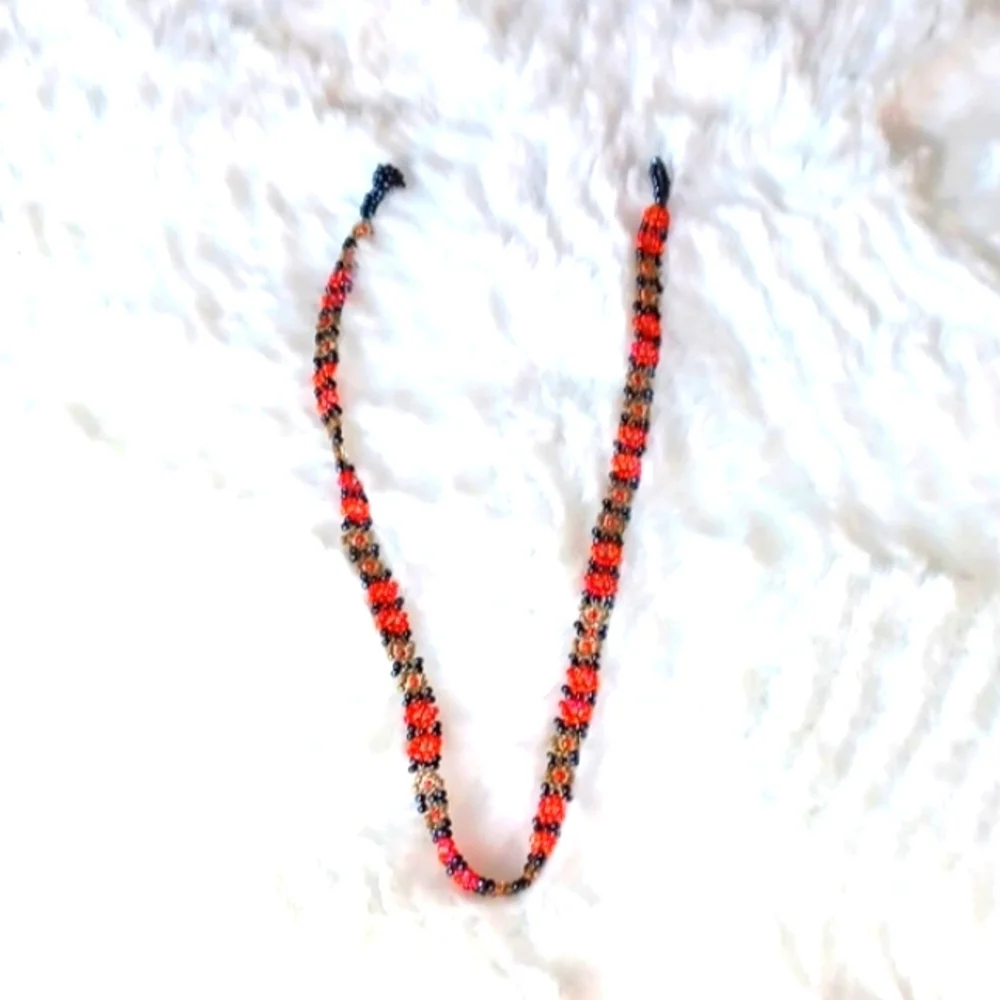 Beaded Red‎ & Black Flower Choker Necklace Handmade 18